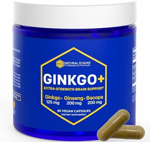 NATURAL STACKS Ginkgo Biloba Supplements w/Panax Ginseng and Bacopa Monnieri - Focus Supplement for Mental Performance, Brain Supplements for Adults, 60 Ginkgo Biloba Capsules (Капсулы) Natural Stacks