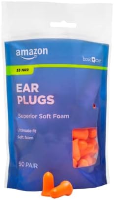 Amazon Basic Care Soft Foam Earplugs, 100 Count (1 Pack of 50 Pairs) Amazon Basic Care