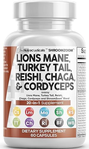 Clean Nutraceuticals Lions Mane 3000mg 20in1 Mushroom Supplement with Turkey Tail 2000mg Reishi 1000mg Cordyceps Chaga 1000mg Maitake Meshima Poria Cocos Shiitake Oyster Porcini Enoki 60 Count Clean Nutraceuticals