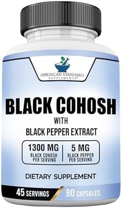 American Standard Supplements Black Cohosh 1300mg Per Serving (Порция) with Black Pepper Fruit Extract - Vegan, Gluten Free, Non-GMO, 90 Capsules (Капсулы), 45 Servings (Порции) American Standard Supplements