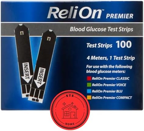 ReliOn Premier Blood Glucose Test Strips | Blood Glucose Test Strips | Test Strips for Diabetes | Blood Sugar Test Strips | Diabetic Test Strips | Reli On Premier Test Strips 100 Count + STS Sticker. STS Home