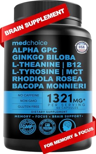 12-in-1 Nootropic Brain Supplement with Caffeine Anhydrous: Ginkgo Biloba for Brain Support, Memory and Focus - B12, Alpha GPC, L Theanine and Choline Supplements with Bioperine with 1321mg (60ct) MEDCHOICE