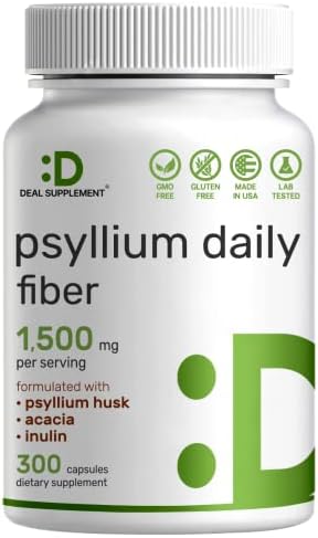 Psyllium Husk 1500mg Per Serving (Порция), 300 Capsules (Капсулы) – 3 in 1 Fiber Supplement with Inulin & Acacia Complex – Natural Soluble Fiber, Supports Digestive Health – Plant Based, Non-GMO DEAL SUPPLEMENT