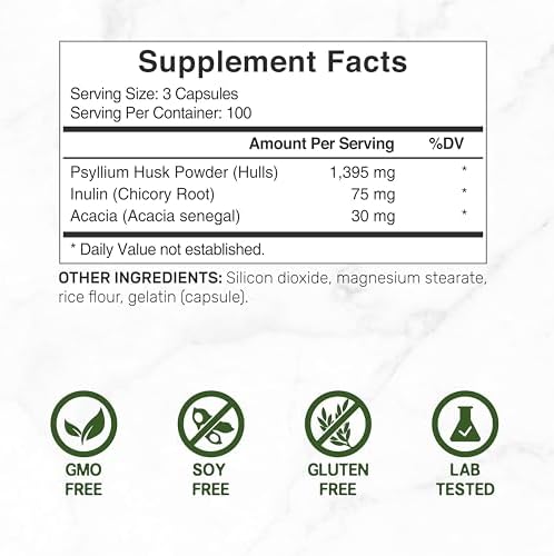 Psyllium Husk 1500mg Per Serving, 300 Capsules – 3 in 1 Fiber Supplement with Inulin & Acacia Complex – Natural Soluble Fiber, Supports Digestive Health – Plant Based, Non-GMO DEAL SUPPLEMENT