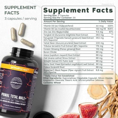 Primal Harvest Primal Total Male Natural Tribulus Terrestris, Fenugreek, Korean Ginseng, Maca Root Horny Goat Weed for Men Booster, Max Boost 90 Capsules (Капсулы)… Primal Harvest