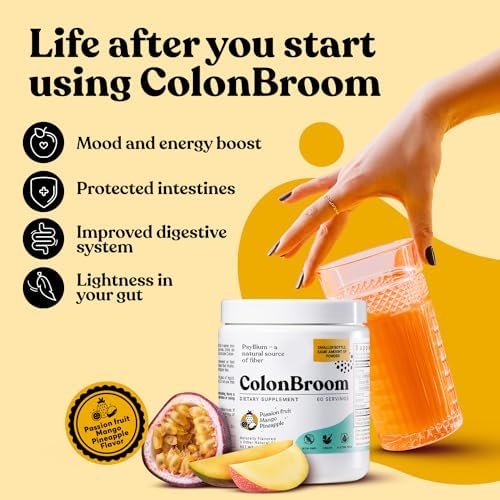 ColonBroom Psyllium Husk Powder (Порошок) with Stevia (Tropical Fruits) - Colon Cleanse for Bloating Relief & Gut Health - Colon Broom Fiber Powder Drink - Vegan Fiber Powder Stevia Supplement, 60 Servings (Порции) ColonBroom