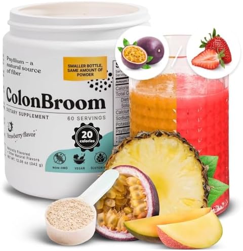 ColonBroom Psyllium Husk Powder with Stevia (Tropical Fruits) - Colon Cleanse for Bloating Relief & Gut Health - Colon Broom Fiber Powder Drink - Vegan Fiber Powder Stevia Supplement, 60 Servings ColonBroom