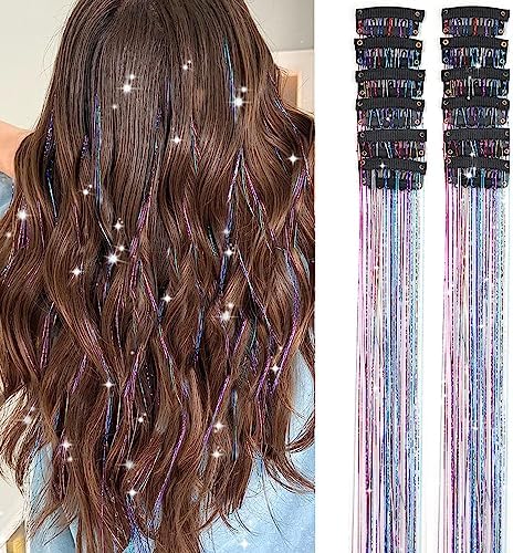 Clip in Hair Tinsel, Pack of 12 Pcs 20 Inch,Glitter Tinsel Hair Extensions, Festival Tinsel Fairy Hair Extension Party Dazzle Hair Accessories Strands Kit for Women Girls Kids(12Pcs,Black#) Umylar