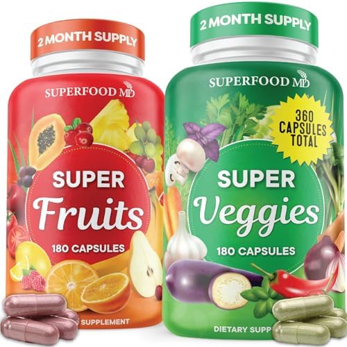 Superfood Fruit and Veggie Supplement - 360 Whole Super Fruit and Vegetable Supplements & Vitamin, Natural Energy levels, with Olive Leaf Soy Free- 180 Count (Pack of 2) Superfood MD