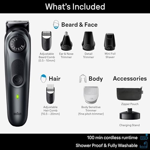 Braun All-in-One Style Kit Series 5 5490, 9-in-1 Trimmer for Men with Beard Trimmer, Body Trimmer for Manscaping, Hair Clippers & More, Ultra-Sharp Blade, 40 Length Settings, Waterproof Braun