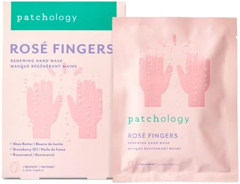 Patchology Rose Fingers Renewing Hand Mask - Strawberry Scented Moisturizing Gloves, Hand Masks for Dry & Cracked Hands, Shea Butter Repairing Hand Masks, Baby Soft Skin Care - 1 Pair Patchology