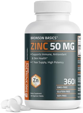 Bronson Zinc 50 MG High Potency One Year Supply Supports Immune, Antioxidant & Skin Health - Non-GMO, 360 Vegetarian Tablets Bronson