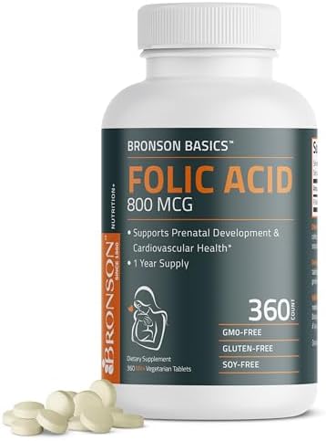 Bronson Folic Acid 800 MCG Supports Prenatal Development, 1 Year Supply, Non-GMO, 360 Tablets Bronson