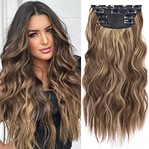 4PCS Clip in Hair Extensions Honey Blonde Mixed Light Brown 20 Inch Long Wavy Synthetic Hair Extensions (4pcs, 20Inch, 22H10#) LEEONS