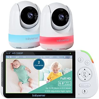 Babysense 5.5” 1080p Full HD Split-Screen Baby Monitor, Video Baby Monitor with 2 Cameras and Audio, 6-Color RGB Night Light, 1000ft Range, Two-Way Audio, 4X Zoom, 5000mAh Battery Babysense