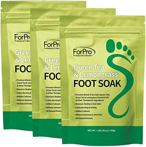 ForPro Professional Collection Green Tea & Lemongrass Foot Soak with Sea & Epsom Salt for Toenail Athletes, Stubborn Odor Scent, Softens Calluses & Soothes Sore Tired Feet - 48 Ounces (3 1-lb Packs) ForPro Professional Collection