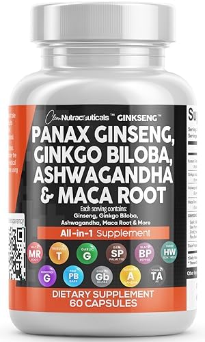 Clean Nutraceuticals Panax Ginseng 10000mg Ginkgo Biloba 4000mg Ashwagandha Maca Root 3000mg - Focus Supplement Pills for Women and Men with Pine Bark Extract, Garlic, and Saw Palmetto - 60 Caps Clean Nutraceuticals