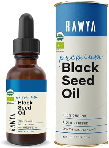 RAWYA Black Seed Oil - Unrefined, Premium, High TQ, Cold Pressed, Glass Bottle, Nigella Sativa Oil, Non-GMO, Black Cumin Seed Oil, Kalonji Oil, Nigella Oil, Pure & Natural, Organic - 1.7 Fl Oz RAWYA