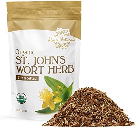 Organic St. John's Wort Herb Cut & Sifted (Hypericum perforatum) USDA Certified | Resealable Pouch| Packaged in The USA (4 Ounces (Pack of 1)) Halo Naturals