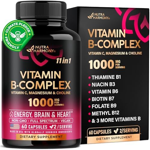 Vitamin B Complex for Men & Women - Made in USA - 11-in-1 B-Complex: B1, B2, B3, B5, B6, B7, B8, B9, B12 with Vitamin C, Choline, Inositol - Energy, Brain & Heart Support Supplement, 60 Vegan Capsules (Веганские капсулы) NUTRAHARMONY