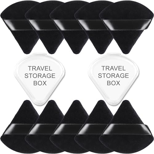 10 Pieces Triangle Powder Puff, Soft Velour Puff Face Makeup Puff for Loose/Body/Mineral Powder, Wet and Dry Dual-use, with Travel Storage Box (Black) Yrarbil