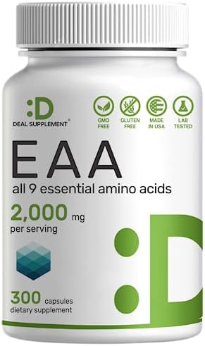 Essential Amino Acids (EAA) 2000mg Per Serving, 300 Capsules – Unflavored - 9 in 1, All BCAAs (Branched-Chain Aminos) – Lean Muscle Support & Natural Pre Workout Supplement DEAL SUPPLEMENT