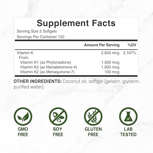 DEAL SUPPLEMENT Premium Vitamin K Complete - High Potency Vitamin K2 (MK-7 and MK-4) & K1, 240 Coconut Oil Infused Softgels - Full Spectrum Triple Vitamin K, Optimal Bone & Heart Health Support DEAL SUPPLEMENT