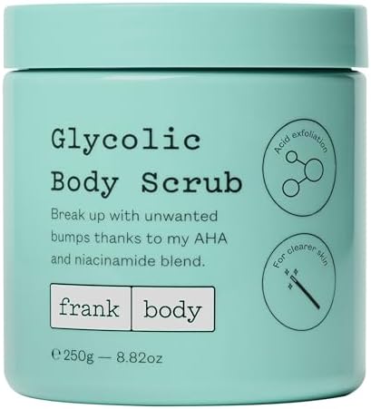 Frank Body Glycolic Body Scrub | Vegan, Cruelty Free, Exfoliating Body Scrub | Helps to Fight Breakouts and Soothes Skin & Marks with AHA, Pumice, Witch Hazel, and Niacinamide | 8.82 oz / 250 g Frank body