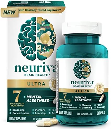 NEURIVA Ultra Decaffeinated Clinically Tested Nootropic Brain Supplement for Mental Alertness, Memory, Focus & Concentration, Cognivive, Neurofactor, Phosphatidylserine, Vitamins B6 B12, 60 Capsules (Капсулы) Neuriva