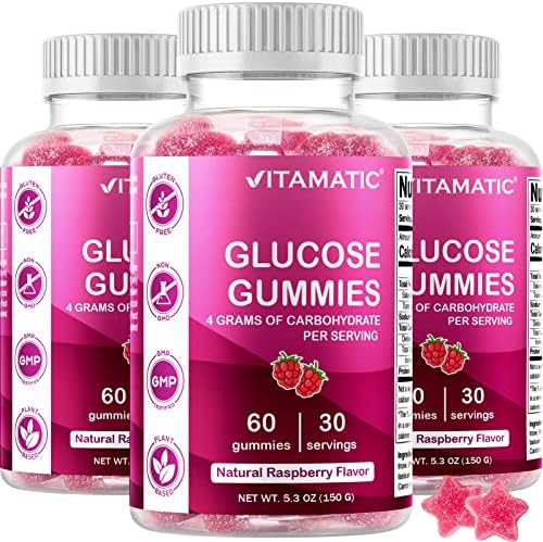 Vitamatic Glucose chewable Gummies (Жевательные конфеты) - 60 Count - Natural Raspberry Flavor - 4G of Carbohydrate per Serving (Порция) (1 Bottle) Vitamatic