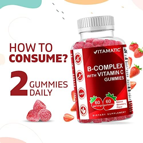 Vitamatic Vitamin B Complex Gummies (Жевательные конфеты) with Vitamin C & Inositol - Natural Strawberry Flavor - 60 Gummies (1 Bottle) Vitamatic