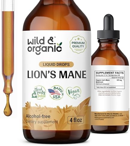 Wild & Organic Lion's Mane Tincture - Brain Supplements for Focus - Lions Mane Liquid (Жидкость) for Brain - Lion's Mane Mushroom Supplement - Mushroom Drops (Капли) for Brain Health Support - Lions Mane Supplement 4 oz (Унции) Wild & Organic