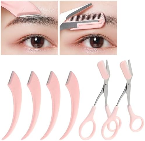 6Pcs Eyebrow Trimmer Scissors with Comb, Curved Eye Brow Razor, Non-Slip Stainless Steel Facial Hair Removal Grooming, Brow Shaping Beard Shaving Kit Beauty Accessories for Women Men Jawfait