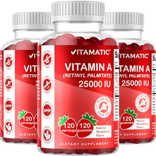 Vitamatic Sugar Free Vitamin A 25000 IU Gummies (Retinyl Palmitate) - Natural Strawberry Flavor - 120 Pectin Based Gummies (1 Bottle) Vitamatic