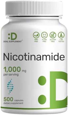 Vitamin B3 Nicotinamide 1,000mg Per Serving – 500 Capsules, Flush Free Niacin, Essential B3 – Supports Healthy Skin & Energy Production – Non-GMO DEAL SUPPLEMENT