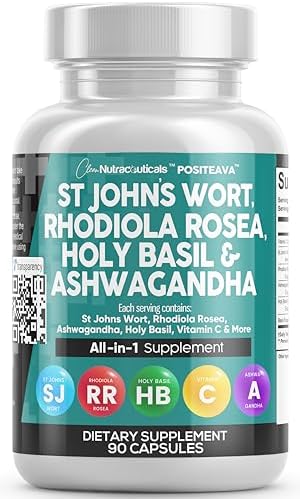 Clean Nutraceuticals St Johns Wort 10000mg Rhodiola Rosea 20000mg Holy Basil 3000mg Ashwagandha 6000mg - Mood Support for Women and Men with Vitamin C & Black Pepper Extract - 90 Caps Clean Nutraceuticals