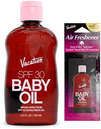 Vacation Baby Oil SPF 30 + Air Freshener Bundle, Broad Spectrum SPF 30 Sunscreen Oil, Vegan Suntan Oil with Broad Spectrum SPF, Sunscreen Tanning Oil, TSA Friendly, Travel Size, 3.4 fl. oz. VACATION