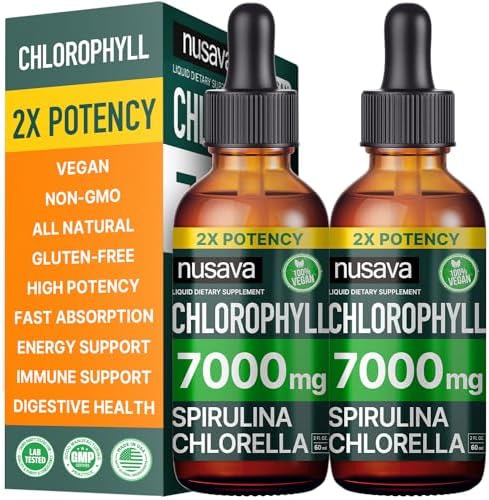 (2 Pack) Vegan Chlorophyll Liquid Drops (Жидкие капли) 7000mg for Immune Support, Energy, Gut & Skin Health, 4-in-1 Liquid Chlorophyll Drops - 100mg, Spirulina, Chlorella, & Copper - Internal Deodorant, 4 Fl Oz NUSAVA