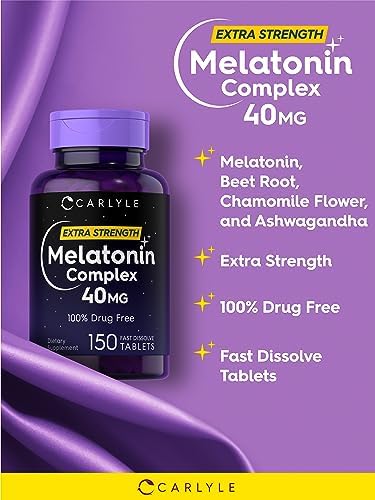 Carlyle Melatonin 40mg Complex | 150 Fast Dissolve Tablets | Extra Strength Support | with Ashwagandha and Chamomile | Vegetarian, Non-GMO, Gluten Free Supplement Carlyle