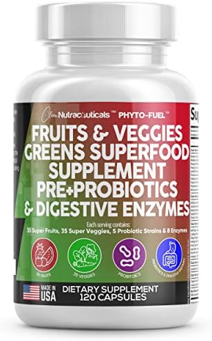 Clean Nutraceuticals Fruits and Veggies Supplement Reds & Green Superfood - Balance of Over 70 Fruit & Vegetable Supplements Capsules (Капсулы) with Probiotics Prebiotics Digestive Enzymes - 120 Ct USA Clean Nutraceuticals