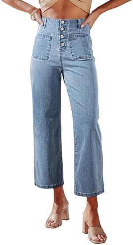 Sidefeel Women's High Waisted Wide Leg Jeans Stretchy Straight Leg Jeans Buttoned Loose Denim Pants with Pocket Sidefeel