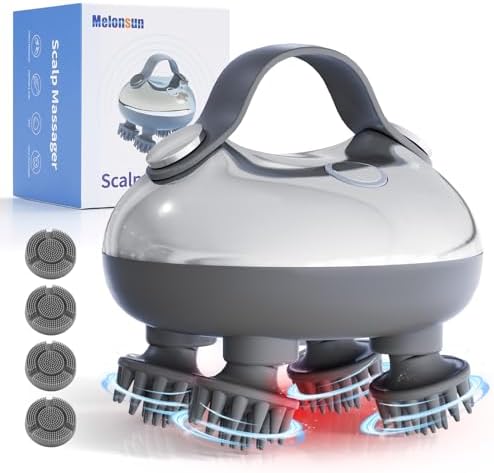 Portable Electric Scalp Massager, Rechargeable IPX7 Waterproof Heated Scalp Massager w/ 100 Kneading Nodes, 3 Speed Modes, 2 Massage Styles for Body Massage & Face Cleaning- Women,Men,Pets (Silver） Melonsun