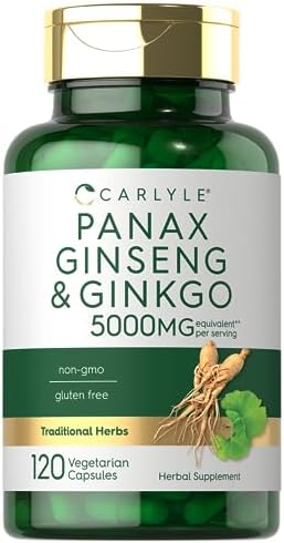 Carlyle Panax Ginseng + Ginkgo Biloba | 120 Vegetarian Capsules (Вегетарианские капсулы) | 5,000mg | Vegetarian, Non-GMO, and Gluten Free Supplement Carlyle