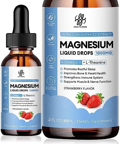 Magnesium Glycinate Liquid (Жидкость) Drop with Citrate, Oxide and Taurate, Calm Magnesium with Omega3, L-Theanine, D3, B6, B12 for Calm, Sleep, Leg Cramps, Muscles, Energy, Sugar-Free Strawberry Flavor, 2 Fl Oz iMATCHME