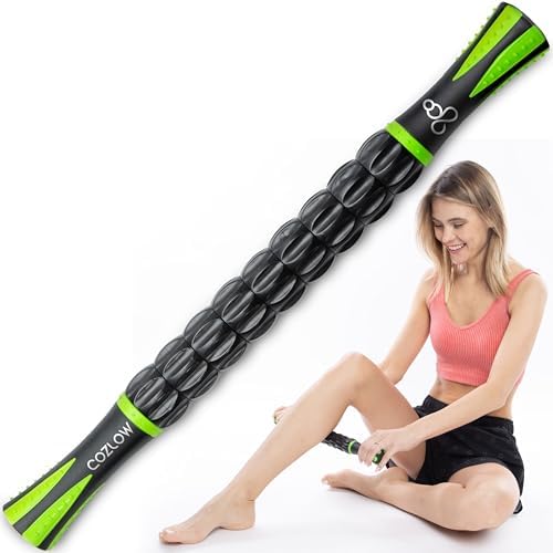 Muscle Roller Stick - Black Green - Body Massage Tool w/ 9 Rollers & Non-Slip Handles for Deep Tissue Massage & Maximum Muscle Recovery - by Cozlow COZLOW