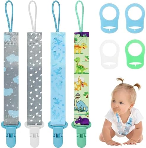 4 Pcs Baby Dummy Strap Clip, Pacifier Clip Dummy Holder Straps with 4 Silicone Adapter, Soother Chains Clips Fit All, Soothers, Teething Toys, Baby Essentials Dooyilets