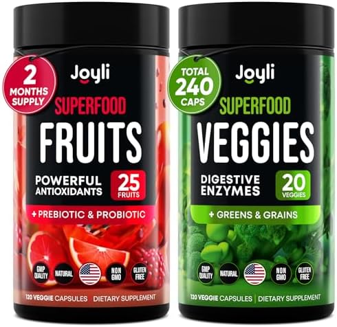 Fruits and Veggies Supplement - High Fiber Supplement for Immunity, Gut & Energy - Super Reds & Super Greens Supplements with Marshmallow Root - 240 Reds and Super Greens Powder (Порошок) Superfood Capsules (Капсулы) JOYLI Nutrition