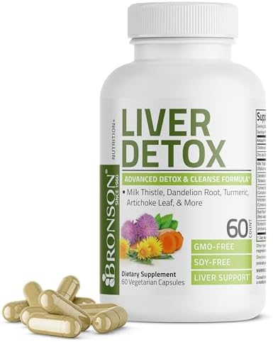 Bronson Liver Detox Advanced Detox & Cleansing Formula Supports Health Liver Function with Milk Thistle, Dandelion Root, Turmeric, Artichoke Leaf & More, Non-GMO, 60 Vegetarian Capsules Bronson