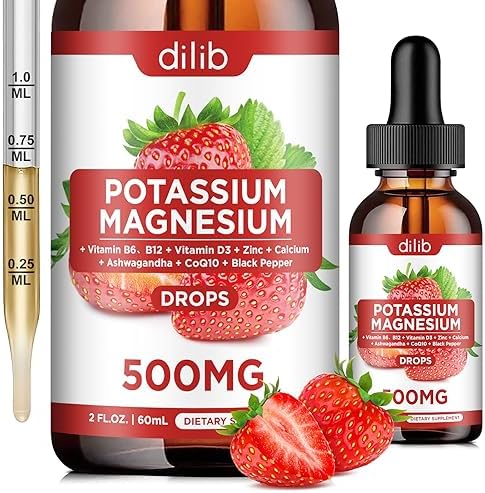 Potassium Magnesium Citrate Supplement, Liquid (Жидкость) Magnesium Citrate Drops (Капли) 500mg with Ashwagandha, Calcium, Zinc, Vitamin D3, B6, B12, CoQ10 - Support Calm & Bone & Muscle & Immune Health Vegan 2 fl oz (Жидкие унции) Dilib