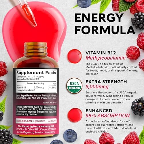 USDA Organic Vitamin B12 Sublingual Drops (Капли) - 5000 mcg Liquid (Жидкость) Vegan Methylcobalamin - Energy Boost, Focus & Mood, Metabolism & Brain Health Support - Maximize Absorption - 2 Month Supply, 2 fl oz (Жидкие унции) NUTRAHARMONY